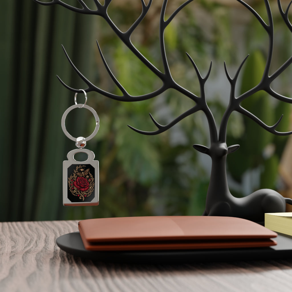 First Bloom Gothic Rose & Skull Metal Keychain