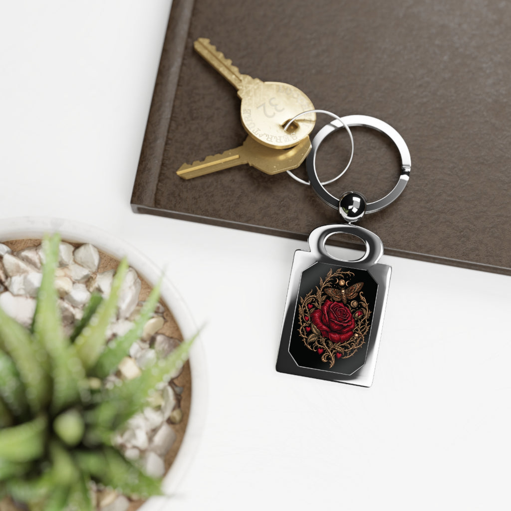 First Bloom Gothic Rose & Skull Metal Keychain