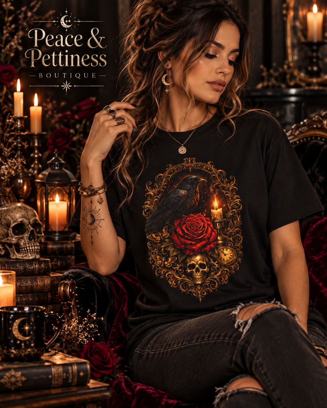 Keeper of the Last Light Gothic Raven & Rose T-Shirt | The Jessamine Collection