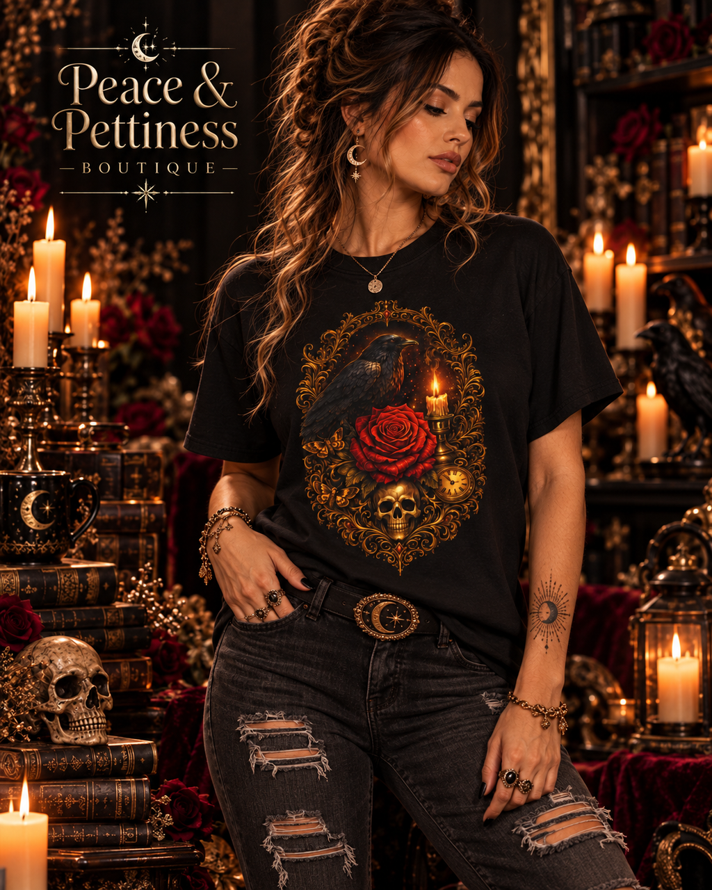Keeper of the Last Light Gothic Raven & Rose T-Shirt | The Jessamine Collection