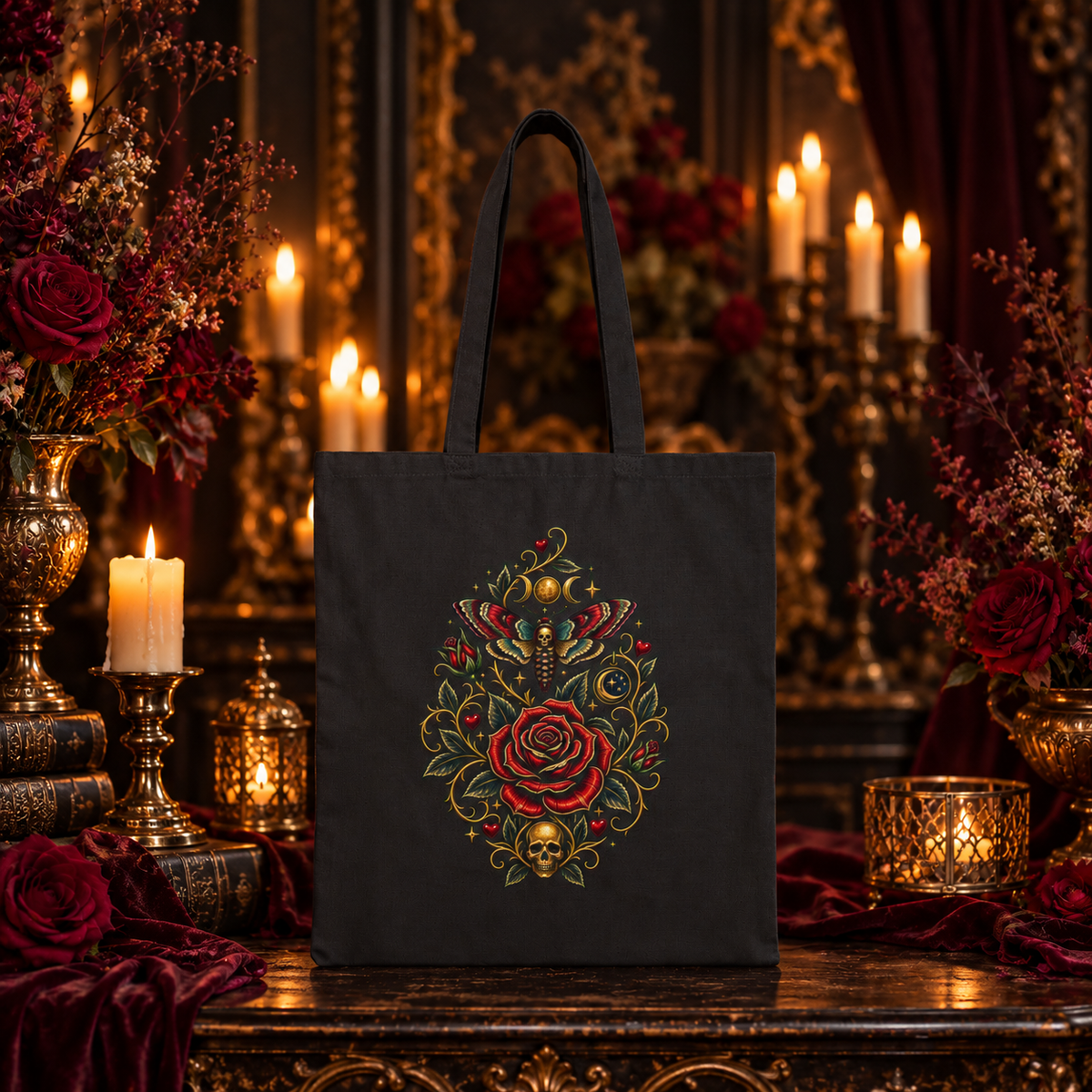Rose of the Eclipse Gothic Rose Cotton Canvas Tote Bag in a dark ornate setting