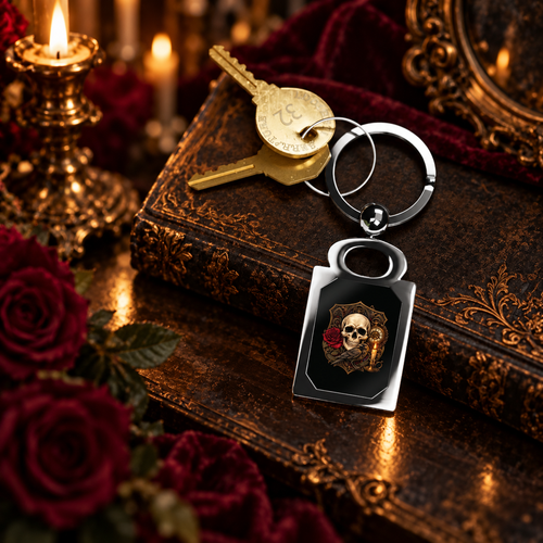 Hour of Jessamine Gothic Skull & Raven Metal Keychain in a dark ornate setting