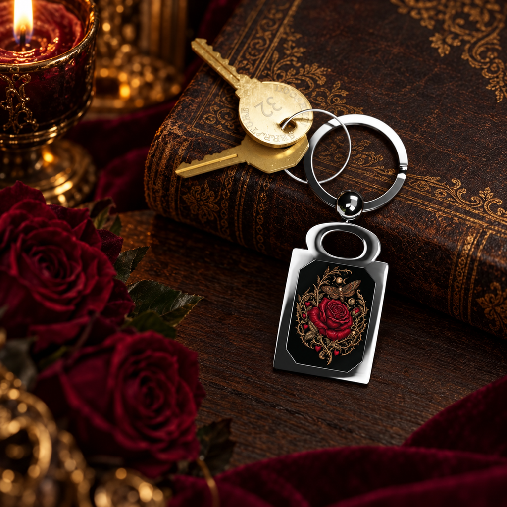 First Bloom rose and moth keychain with attached keys in a dark ornate setting