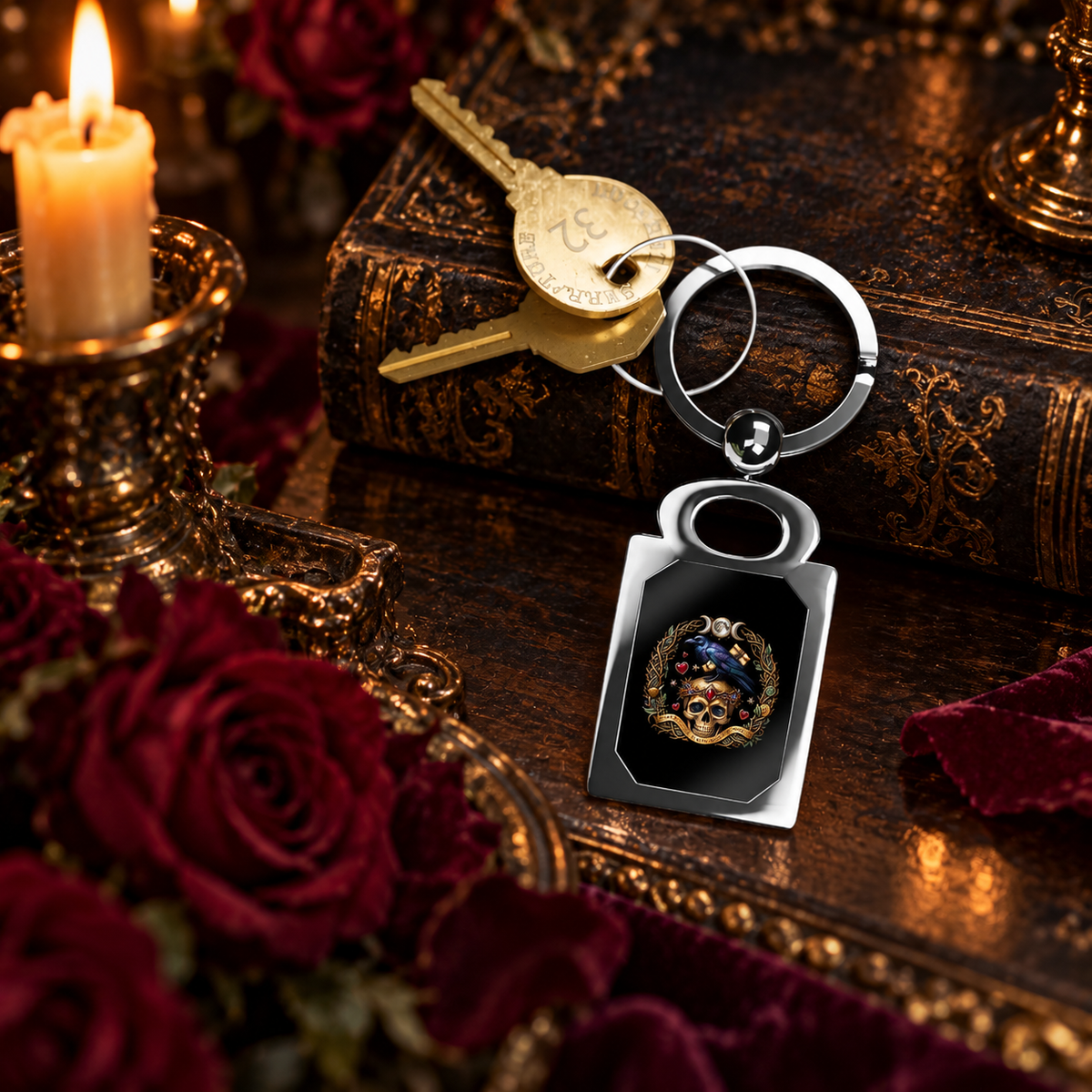 Peace and Poison Gothic Skull & Raven Metal Keychain in a dark ornate setting