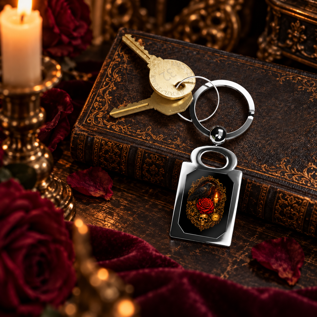 Keeper of the Last Light Gothic Raven Metal Keychain in a dark ornate setting