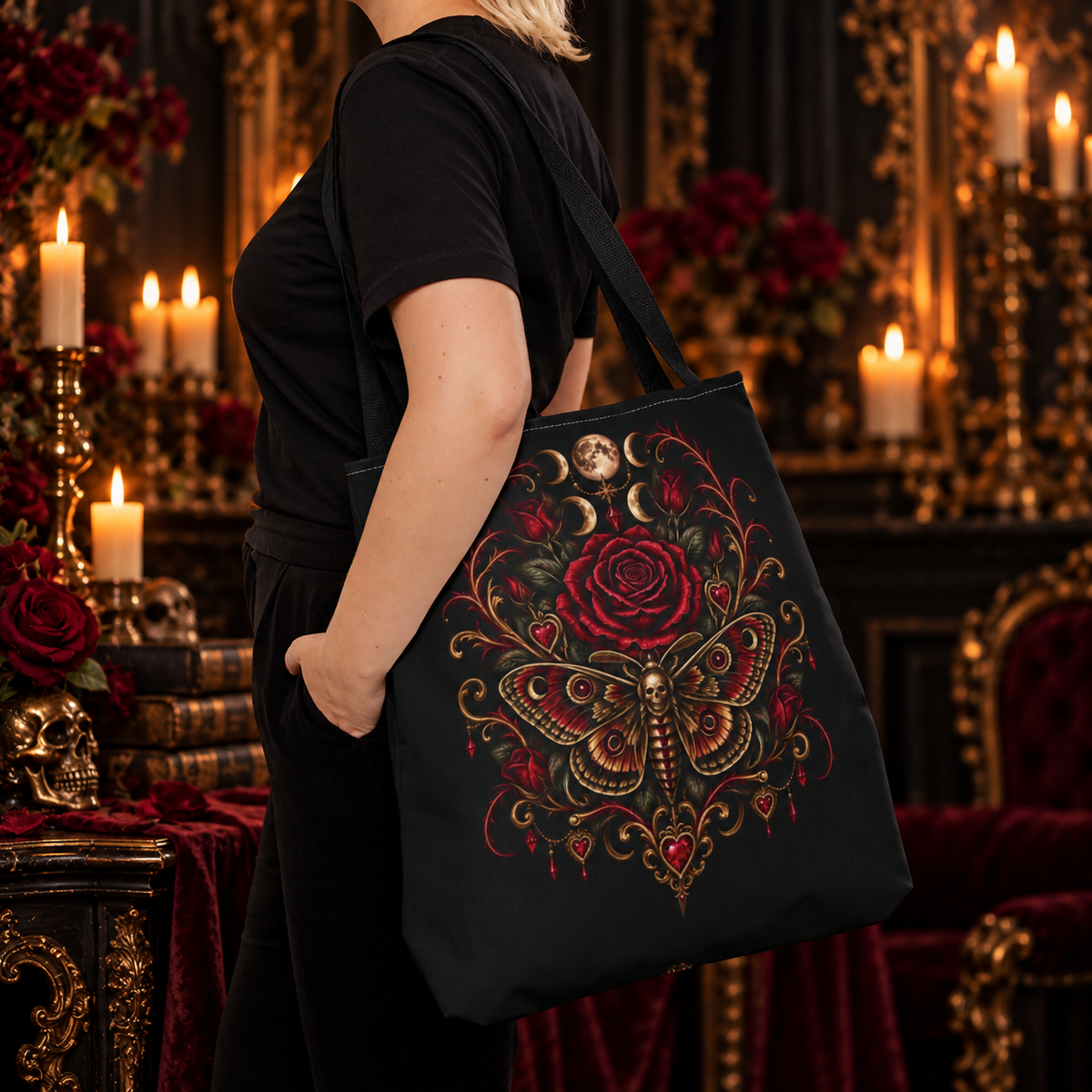 New Bloom Tote Bag | 3 sizes 13, 16 & 19 inch | Jessamine Collection in a dark ornate setting