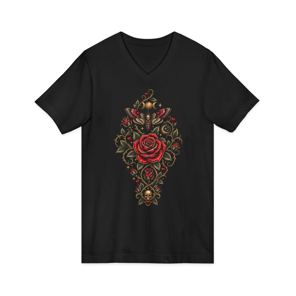 Rose of the Eclipse black Bella+Canvas 3005 V-neck tee, front garment view