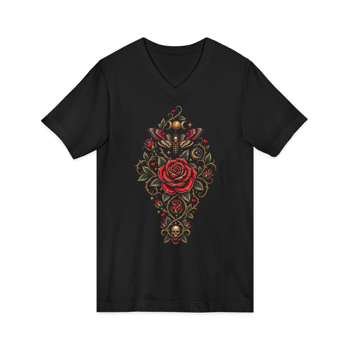 Rose of the Eclipse black Bella+Canvas 3005 V-neck tee, front garment view