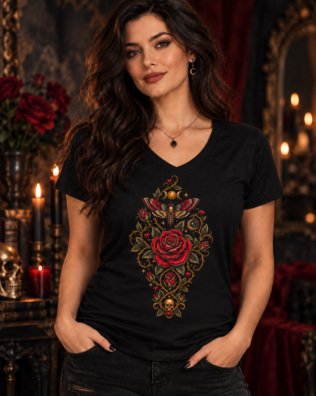Rose of the Eclipse black V-neck tee with red rose and moth artwork, model view