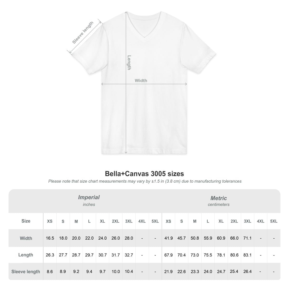 Bella+Canvas 3005 V-neck tee size chart